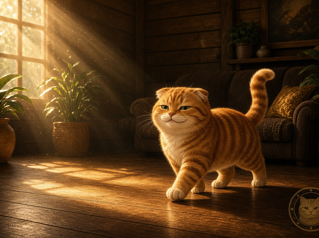 House Cat walking through a sunlit room