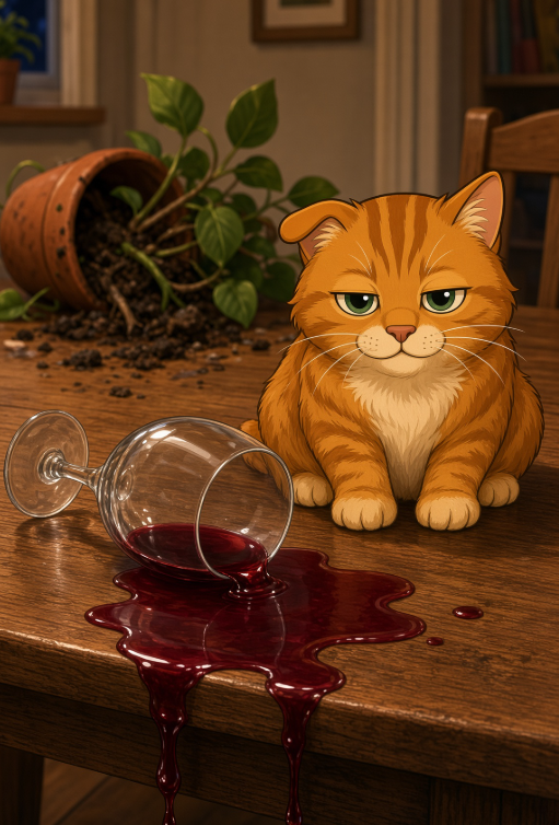 House Cat beside a spilled glass on a table